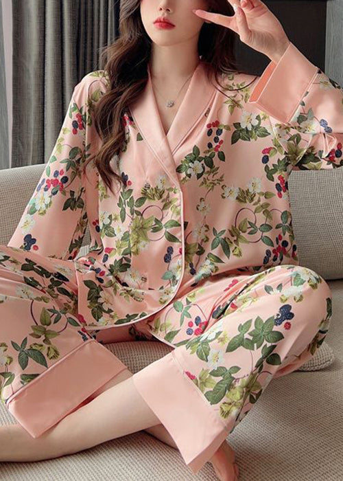 Women Pink Peter Pan Collar Print Ice Silk Pajamas Two Pieces Set Spring YK015