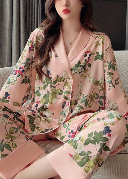 Women Pink Peter Pan Collar Print Ice Silk Pajamas Two Pieces Set Spring YK015