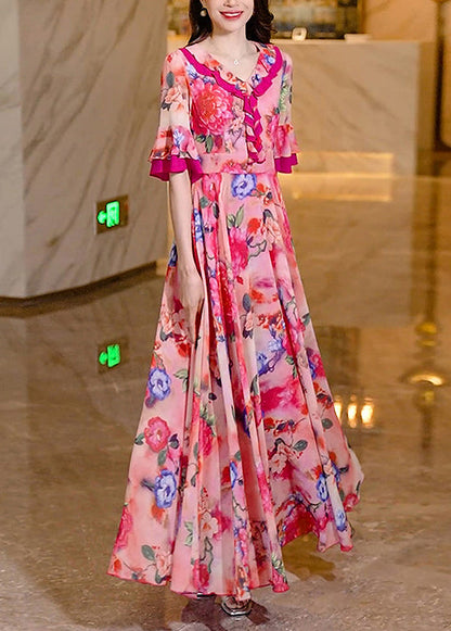 Women Pink Summer Dress Print Chiffon Long Ruffled