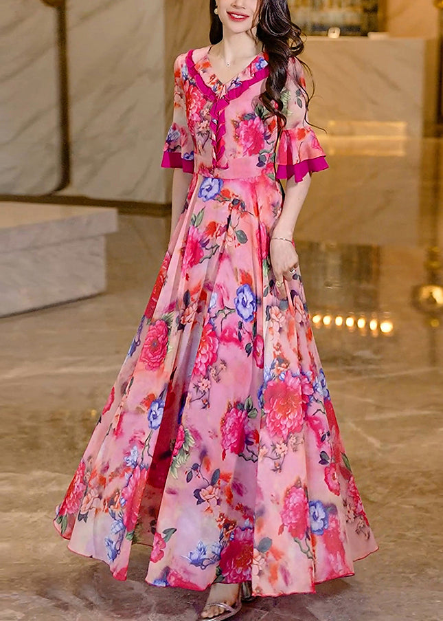 Women Pink Summer Dress Print Chiffon Long Ruffled