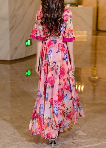 Women Pink Summer Dress Print Chiffon Long Ruffled