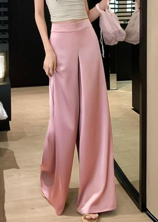 Pants Summer Silk High Women Leg Solid Pink Waist Wide