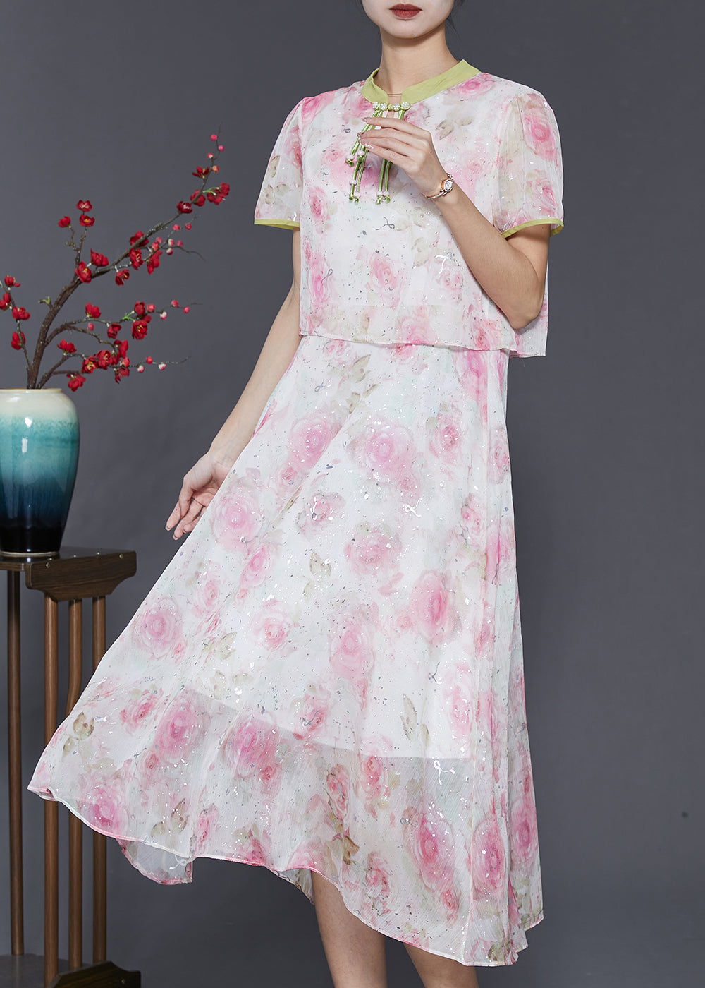 Women Pink Tasseled Patchwork Print Silk Dress Summer SD1058