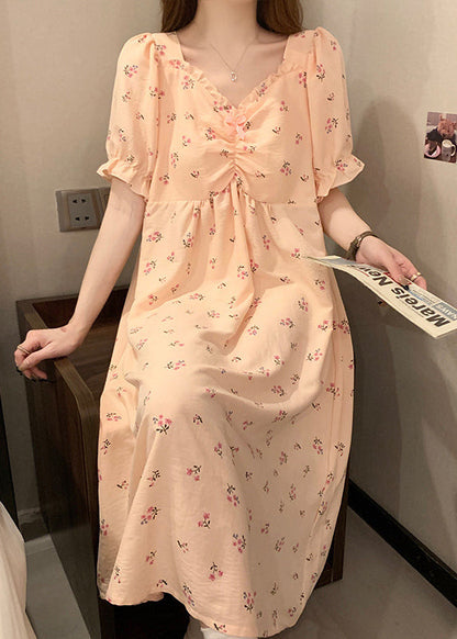 Women Pink V Neck Wrinkled Print Cotton Pajamas Long Dress Summer YK019