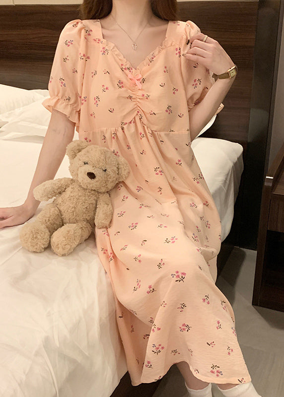 Women Pink V Neck Wrinkled Print Cotton Pajamas Long Dress Summer YK019
