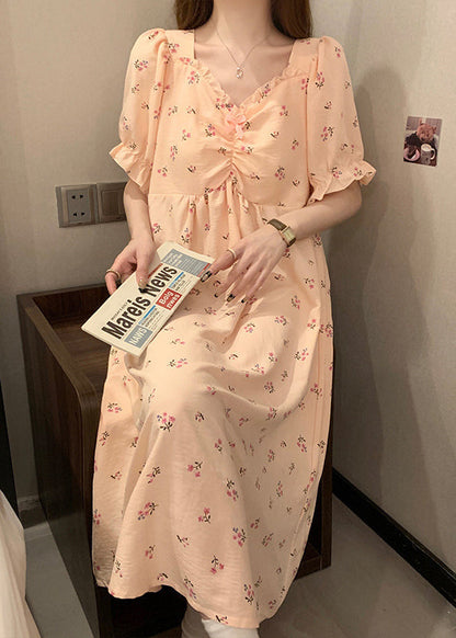 Women Pink V Neck Wrinkled Print Cotton Pajamas Long Dress Summer YK019