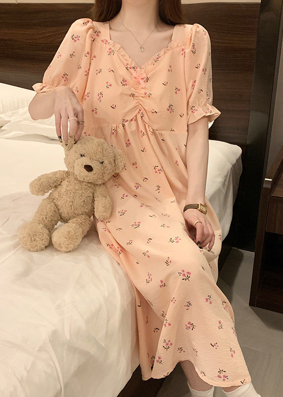 Women Pink V Neck Wrinkled Print Cotton Pajamas Long Dress Summer YK019