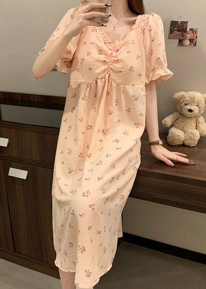 Women Pink V Neck Wrinkled Print Cotton Pajamas Long Dress Summer YK019
