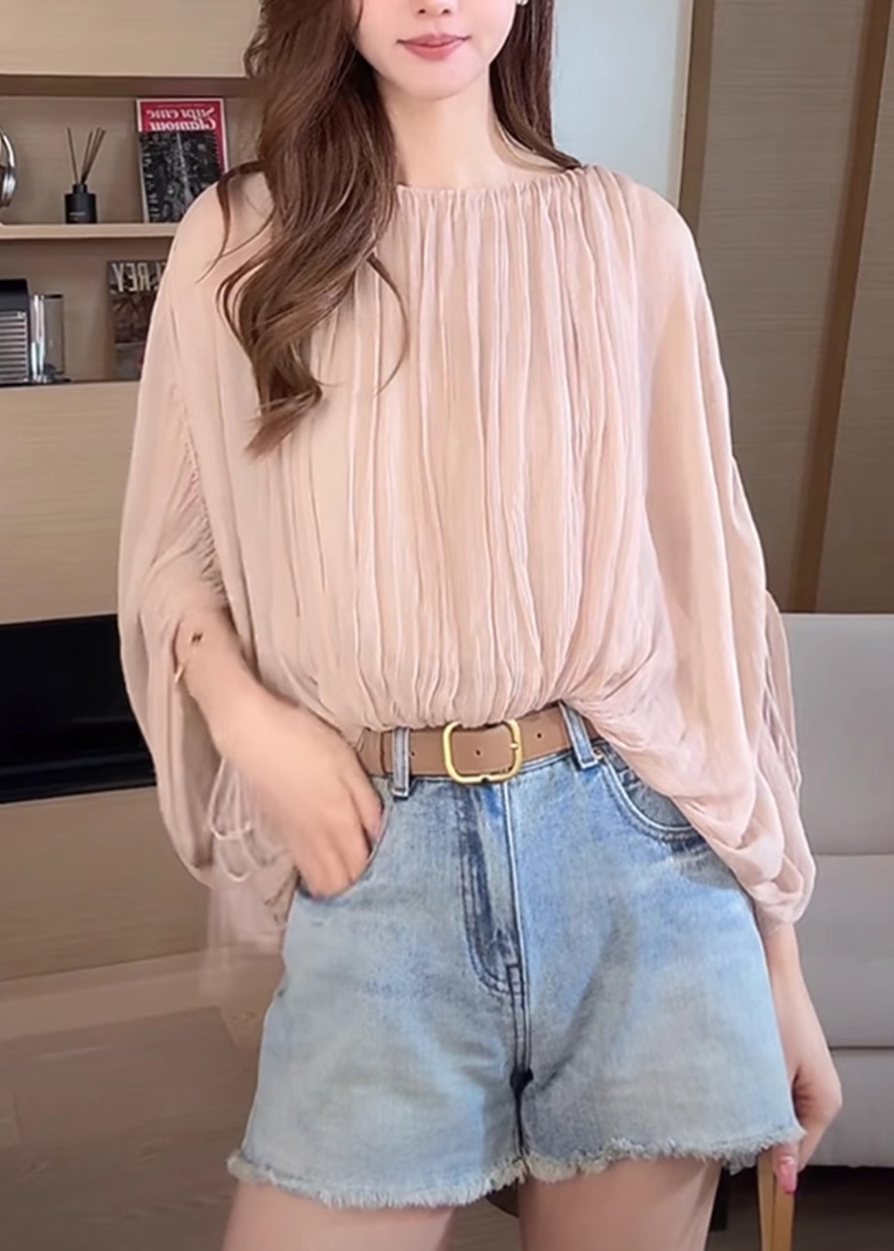 Pink Shirts Women Wrinkled Sleeve Up Lace Batwing