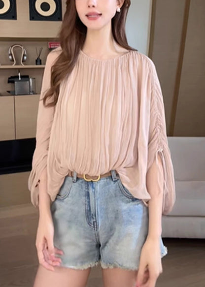 Pink Shirts Women Wrinkled Sleeve Up Lace Batwing