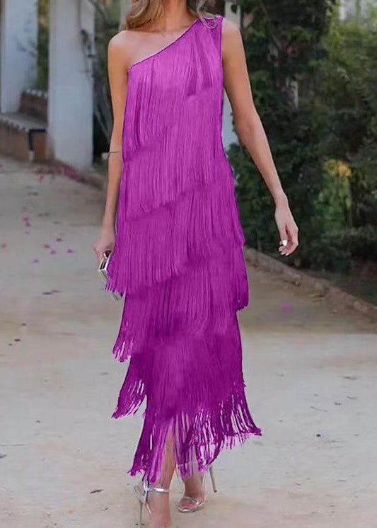 Dresses Shoulder Tasseled Sleeveless One Women Purple