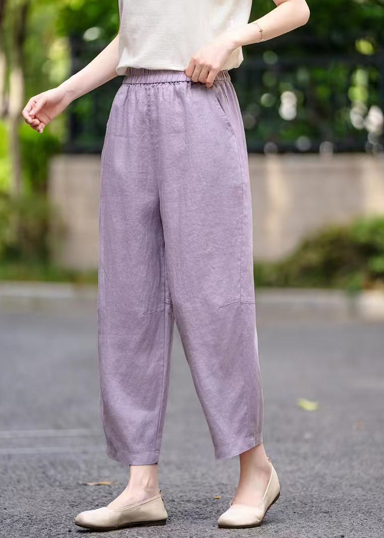 Elastic Pants Summer Pockets Women Waist Linen Crop Purple