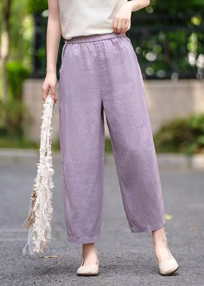 Elastic Pants Summer Pockets Women Waist Linen Crop Purple