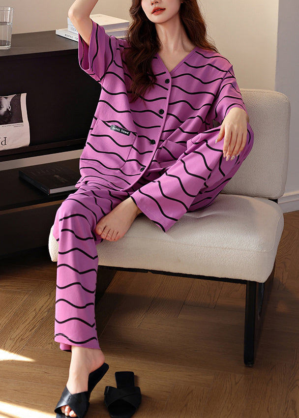 Two Neck Cotton Pieces Pockets Set V Striped Purple Women Pajamas