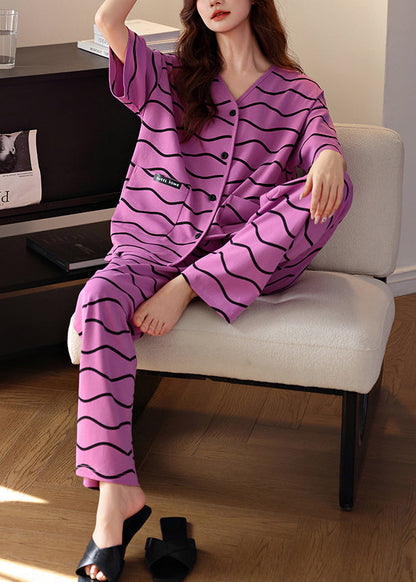 Two Neck Cotton Pieces Pockets Set V Striped Purple Women Pajamas