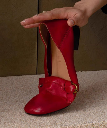 Comfy Chunky Red Shoes Leather Splicing Women Cowhide