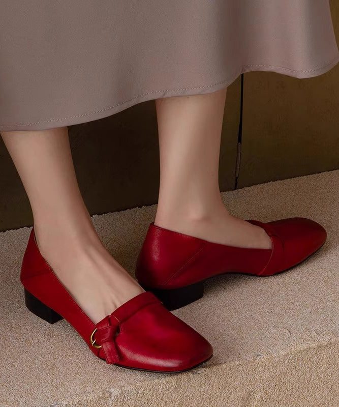 Comfy Chunky Red Shoes Leather Splicing Women Cowhide