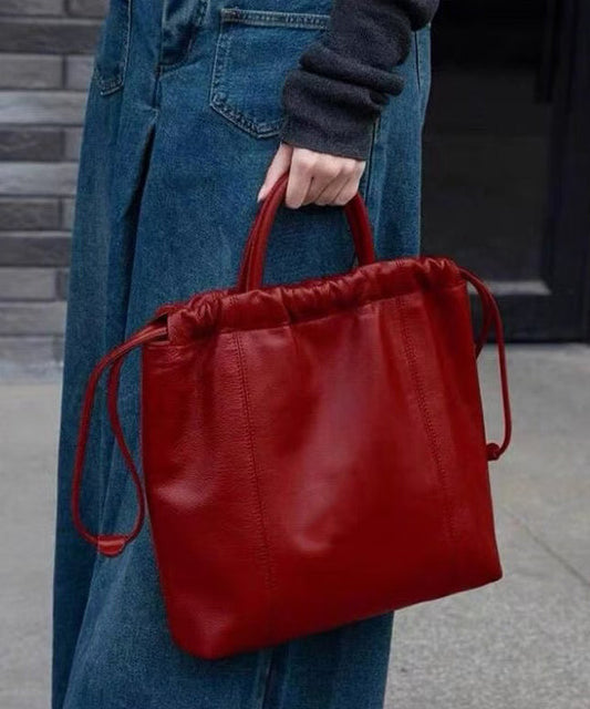 Women Large Drawstring Handbag Capacity Faux Satchel Leather Red