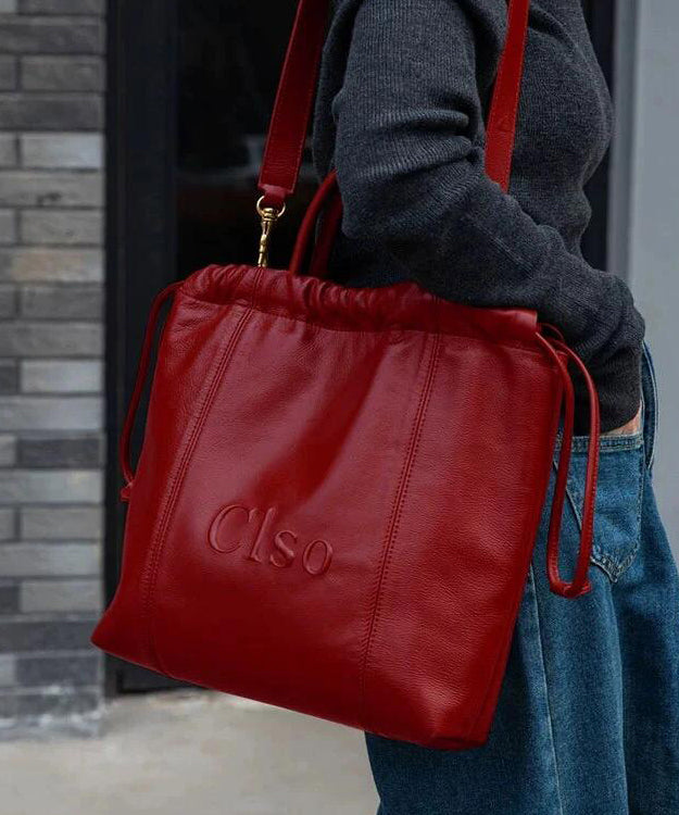 Women Large Drawstring Handbag Capacity Faux Satchel Leather Red