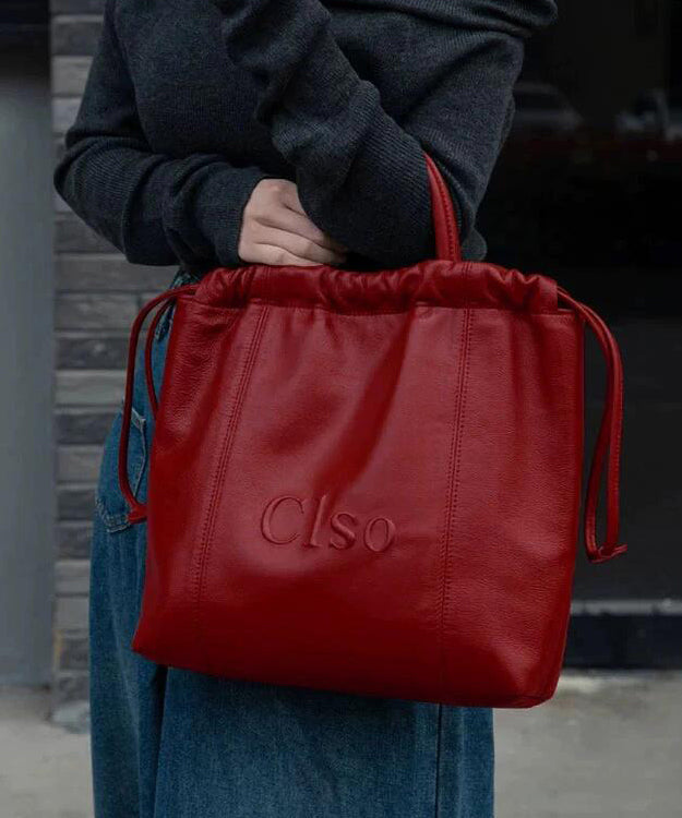 Women Large Drawstring Handbag Capacity Faux Satchel Leather Red