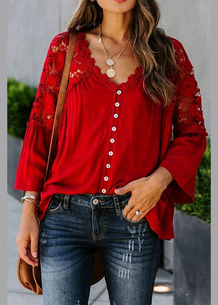 Top Lace Patchwork Solid Red Fall Women