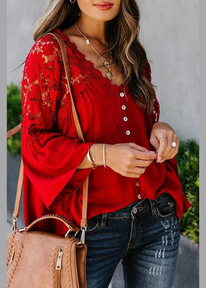 Top Lace Patchwork Solid Red Fall Women