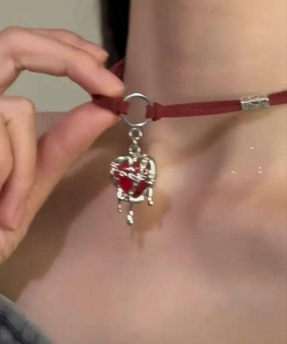 Women Red Stainless Steel Silk Velour Love Pendant Necklace YD013