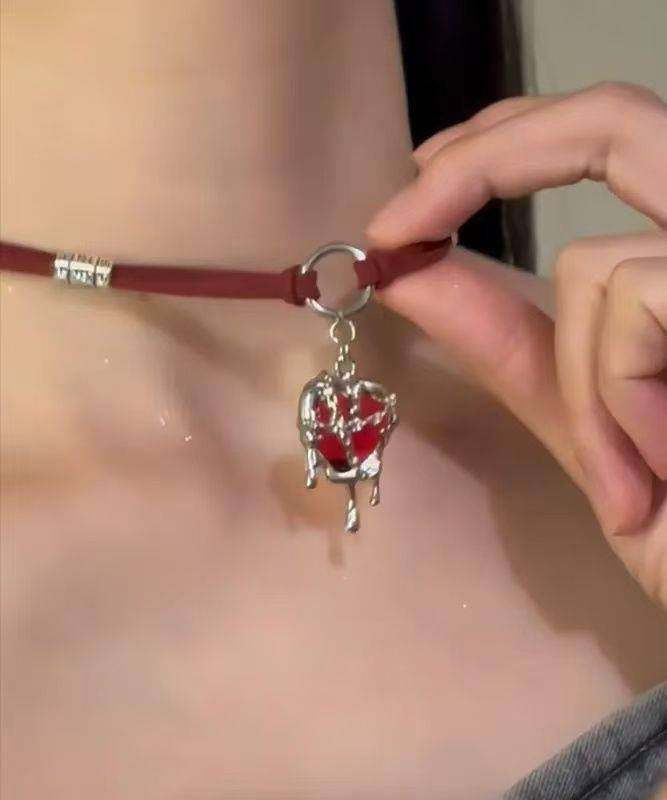 Women Red Stainless Steel Silk Velour Love Pendant Necklace YD013