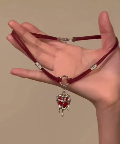 Women Red Stainless Steel Silk Velour Love Pendant Necklace YD013