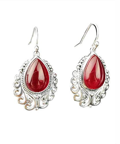 Women Red Sterling Silver Hollow Out Jade Water Drop Drop Earrings Ada Fashion