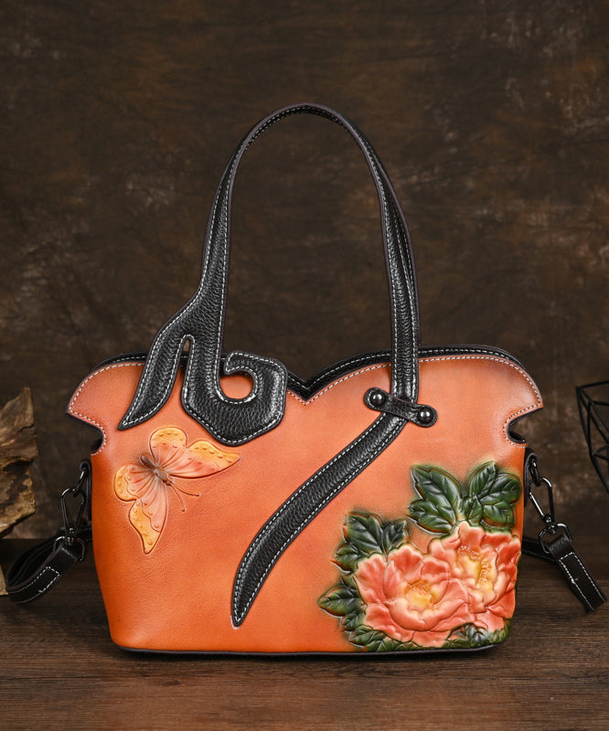 Leather Coffee Handbag Women Embossed Calf Tote Retro