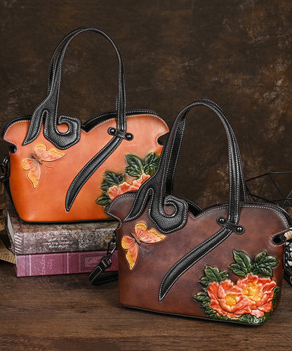 Leather Coffee Handbag Women Embossed Calf Tote Retro