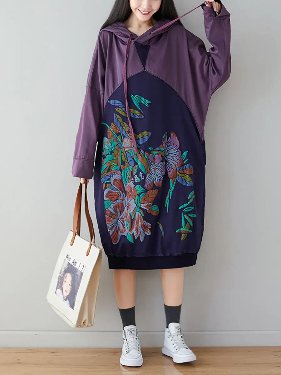 Women Retro Flower Print Colorblock Hooded Sweatshirt Ada Fashion