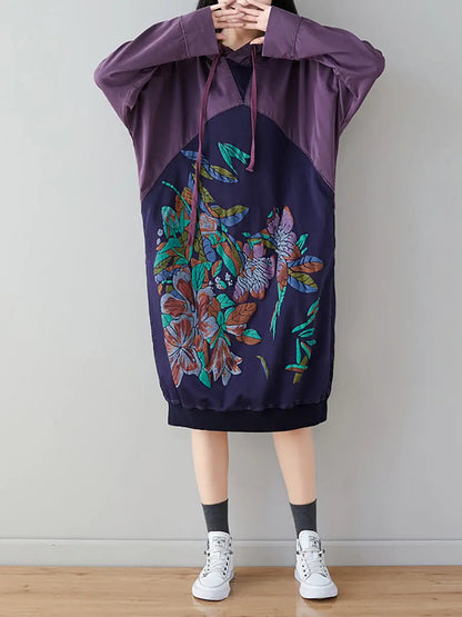 Women Retro Flower Print Colorblock Hooded Sweatshirt Ada Fashion