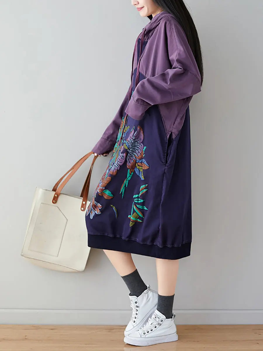 Women Retro Flower Print Colorblock Hooded Sweatshirt Ada Fashion