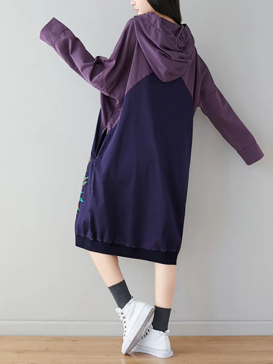 Women Retro Flower Print Colorblock Hooded Sweatshirt Ada Fashion