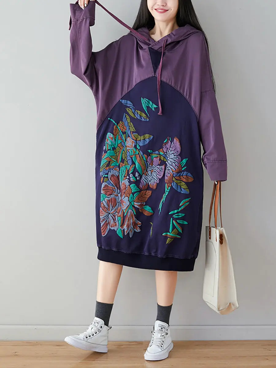 Women Retro Flower Print Colorblock Hooded Sweatshirt Ada Fashion