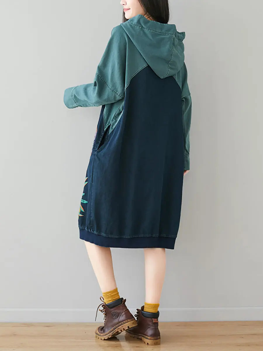 Women Retro Flower Print Colorblock Hooded Sweatshirt Ada Fashion