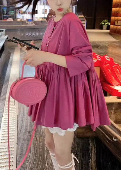 Women Rose O Neck Fall Solid Shirts Wrinkled Cotton