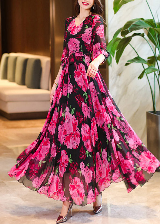 V Summer Dresses Chiffon Rose Maxi Print Neck Women