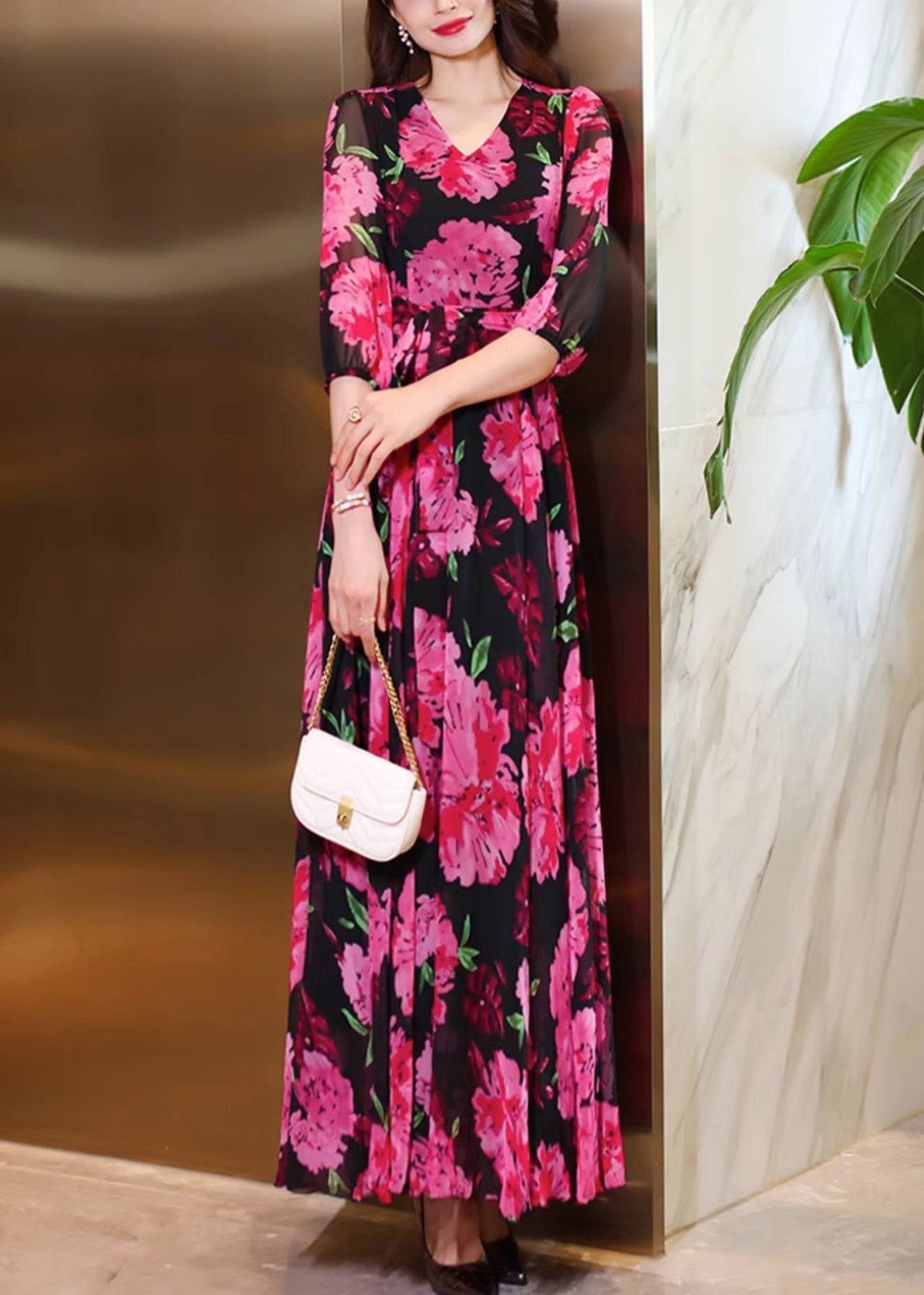 V Summer Dresses Chiffon Rose Maxi Print Neck Women