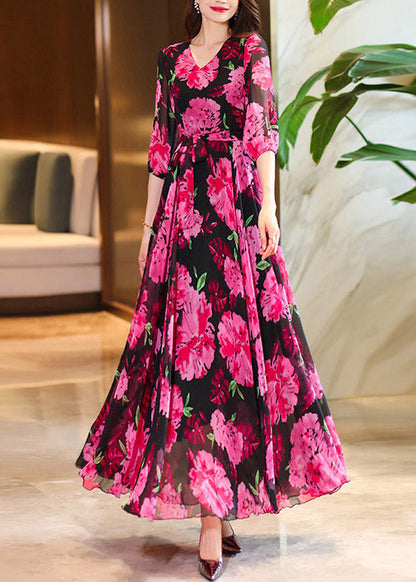V Summer Dresses Chiffon Rose Maxi Print Neck Women