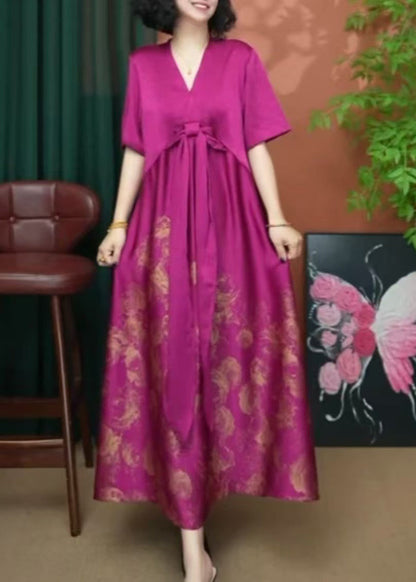 Summer Dress Patchwork V Women Silk Long Print Neck Rose