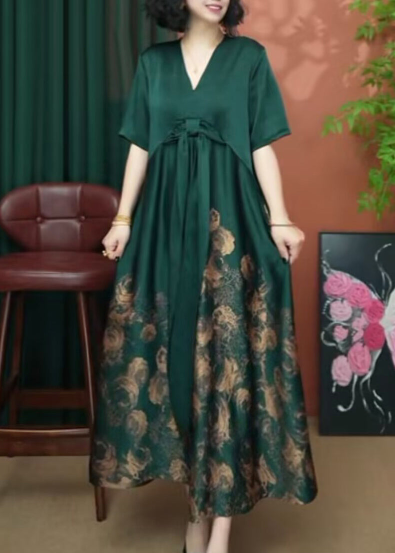 Summer Dress Patchwork V Women Silk Long Print Neck Rose
