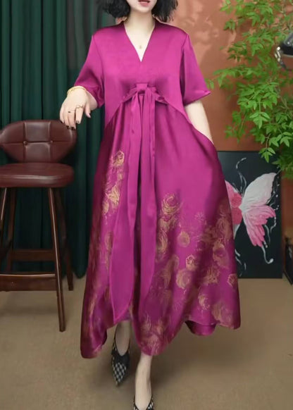 Summer Dress Patchwork V Women Silk Long Print Neck Rose