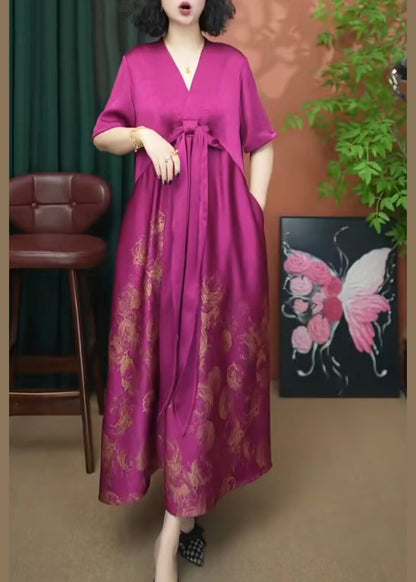 Summer Dress Patchwork V Women Silk Long Print Neck Rose