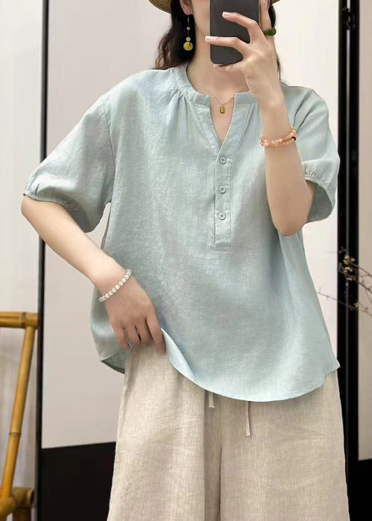 Women Loose Linen Shirt Button Solid Blue Sky