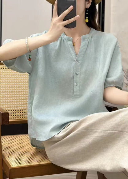 Women Loose Linen Shirt Button Solid Blue Sky
