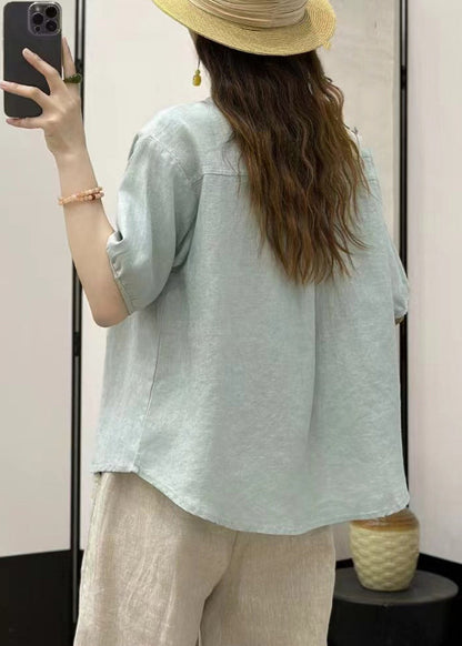 Women Loose Linen Shirt Button Solid Blue Sky