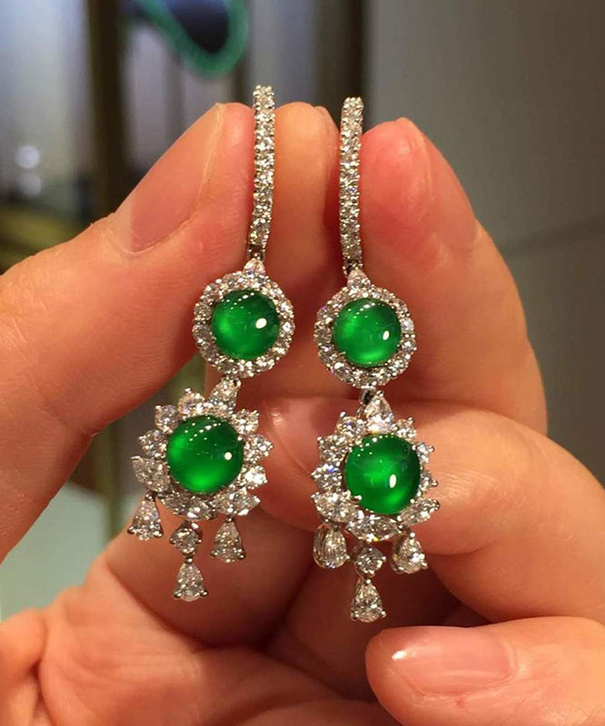 Women Sterling Silver Inlaid Zircon Jade Tassel Drop Earrings AC1037